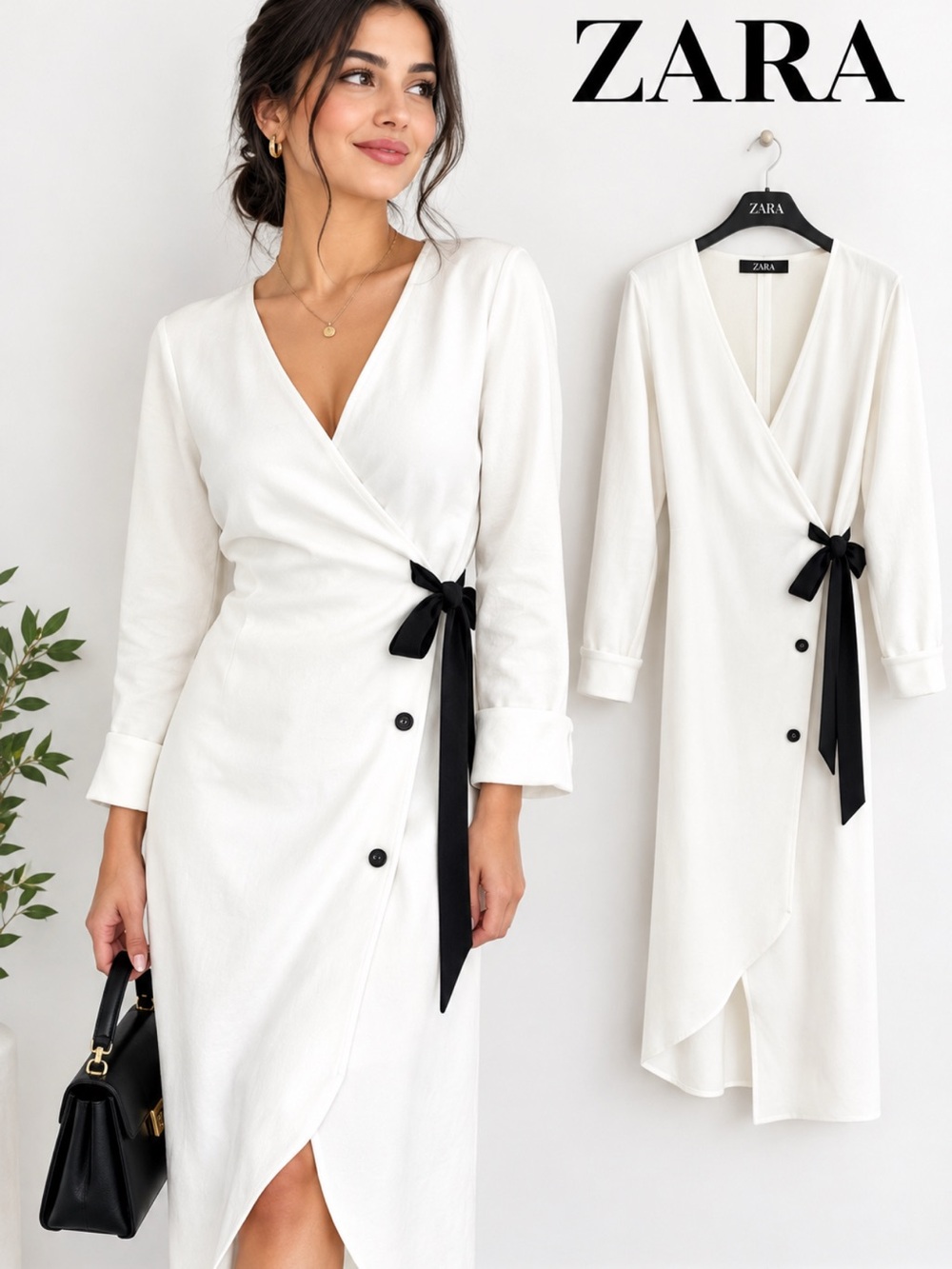 Zara White Wrap Midi Dress with Black Tie Detail
